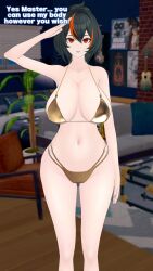  3d bikini cleavage empty_eyes femsub golden_swimsuit large_breasts midriff pendulum policewoman s0mawave saluting standing_at_attention tagme text thick_thighs zenless_zone_zero zhu_yuan 