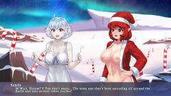  breasts elf_ears female_only ghost grey_eyes misty_(spiral_clicker) multiple_girls open_clothes red_eyes red_hair spiral_clicker surprised white_hair 