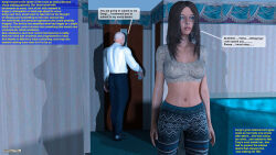 3d ass black_hair blue_eyes breasts cergi_(marvlin666) cleavage collarbone comic expressionless femsub huge_breasts leggings maledom marvlin666 navel original standing standing_at_attention text thick_thighs