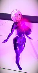  3d beam bodysuit breast_expansion collar corruption crossed_eyes custom_maid_3d_2 fate/grand_order fate_(series) female_only femsub glowing_eyes large_breasts mashu_kyrielight open_mouth pink_hair purple_eyes rubber short_hair solo standing yukoruni 