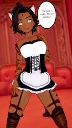 black_hair dark_skin dialogue female_only femsub koikatsu! maid perfect_idiot rwby sienna_khan symbol_in_eyes tiger_girl yellow_eyes