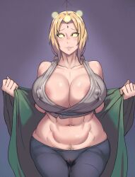 absurdres blonde_hair blush breasts cleavage clothed_exposure erect_nipples female_only femsub glowing glowing_eyes huge_breasts icontrol_(manipper) lactation manip metal_owl midriff milf naruto_(series) navel pendulum pubic_hair pussy pussy_juice solo tsunade