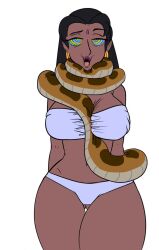 asphyxiation bare_legs black_hair choking cleavage coils dark_skin disney earrings femsub jewelry kaa kaa_eyes katsiika large_breasts large_hips navel open_mouth shanti&#039;s_mother simple_background snake standing standing_at_attention symbol_in_eyes the_jungle_book white_skin 
