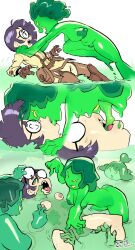 blueparikeet breasts female_only femdom femsub glasses green_eyes kissing multiple_girls nipple_tweak nipples open_mouth original purple_hair slime tongue