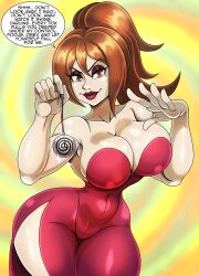  brown_eyes brown_hair cleavage collarbone dialogue dress eyeshadow female_only femdom lipstick long_hair nikki_(gaint93) original pendulum ponytail pov pov_sub red_dress sideboob speech_bubble spiral_background text tied_hair zorro-zero 