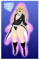  belt bimboannon bimbofication blonde_hair blue_lipstick bow_tie breasts dialogue dress_shirt eyeshadow female_only flat_chest genderswap glowing high_heels knee-high_boots large_ass large_hips large_lips lipstick long_hair long_nails makeup my_hero_academia nail_polish neito_monoma open_mouth simple_background small_breasts smile solo standing text 