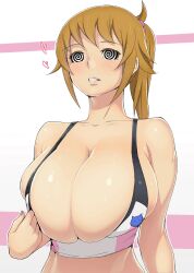  animated animated_eyes_only animated_gif ao_madoushi blush breast_expansion breasts brown_hair cleavage female_only femsub fumina_hoshino gundam_(series) gundam_build_fighters_try huge_breasts large_breasts manip ponytail spiral spiral_eyes strokeslave_(manipper) symbol_in_eyes 