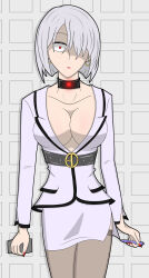 belt breasts business_suit cleavage collar collarbone earrings empty_eyes expressionless female_only femsub fiona_frost glowing hair_covering_one_eye hy2300 hypnotic_accessory jacket large_breasts nail_polish office_lady red_eyes short_hair shrunken_irises simple_background skirt solo spy_x_family standing standing_at_attention suit tech_control thighhighs white_hair 
