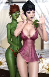 3d absurdres breasts cleavage dc_comics discolored_nipples expressionless female_only femdom femsub green_skin hypnotic_accessory jayna jewelry large_breasts lingerie miss_martian multicolored_hair multiple_girls panties purple_eyes purple_lipstick red_hair ring short_hair super_hero surprised tiangtam topless underwear western whitewash_eyes wonder_twins
