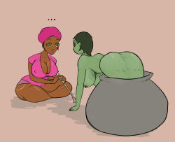 ass ass_focus breasts drool erect_nipples erect_nipples_under_clothes female_only femdom femsub flute green_skin instrument kaa_eyes large_ass large_breasts open_mouth raychoskiii sitting snake_girl surprised symbol_in_eyes thick_thighs turning_the_tables yuri