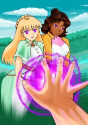 belt blonde_hair brown_hair cape celine_(fields_of_mistria] dark_skin dress drool earrings expressionless eye_color_change eyebrows_visible_through_hair eyebrows_visible_through_hairoutdoors female_only femsub fields_of_mistria hair_buns jacket jewelry leaning_forward lihallerix_(artist) long_hair long_skirt magic multiple_girls multiple_subs open_mouth purple_eyes reina_(fields_of_mistria) sequence shirt skirt spiral_eyes tied_hair