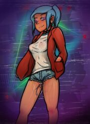  alex_(oxenfree) blue_hair corruption cum cum_on_body cum_on_clothes female_only femsub glowing glowing_eyes jacket oxenfree ponytail possession rapetacular see-through smile solo spoilers wet wet_clothes 