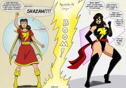 breast_expansion brown_hair cape comic dc_comics dress female_only femsub glowing_eyes hypnovember leotard long_hair marvel_comics mary_marvel mask ms._marvel nipple_penetration polmanning shazam super_hero transformation