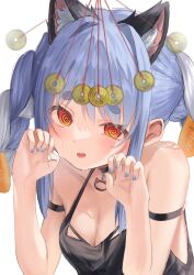  animal_ears bare_shoulders blue_hair blush braid cat_pose choker cleavage coin collarbone female_only femsub hololive long_hair looking_at_viewer multicolored_hair nail_polish open_mouth pekora_usada pet_play simple_background solo spiral_eyes sweat symbol_in_eyes tank_top tefu_ekaki twin_braids twintails virtual_youtuber white_background white_hair yellow_eyes 