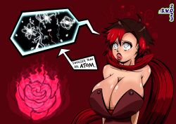  bare_shoulders bimbofication brain_drain breasts brown_hair cleavage clothed collarbone empty_eyes female_only femsub grey_eyes heart huge_breasts large_lips multicolored_hair red_hair ruby_rose rwby signature simple_background solo spiral superweirdman text transformation x-ray 