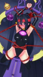  3d angry arm_warmers armpits arms_above_head asagi_(kara_kikai) black_hair blue_eyes blush bondage breasts corruption drool female_only femsub glowing headband kara_kikai koikatsu! large_breasts leotard looking_at_viewer open_mouth restrained rope rubber solo spread_legs sweat thighhighs 
