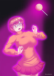 breasts brown_hair female_only femsub glasses glowing gradient_background hadant large_breasts raygun scooby-doo_(series) short_hair short_skirt signature simple_background skirt solo spiral sweater velma_dinkley watermark