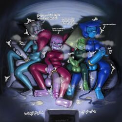 blonde_hair blue_hair chubby condom drool english_text futanari group_masturbation hypnotic_screen lapis_lazuli large_penis latex masturbation multiple_girls multiple_subs musk oogabutt pearl_(steven_universe) peridot red_hair spinel_(steven_universe) steven_universe