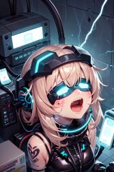  ai_art bare_shoulders blonde_hair brain_drain cables corruption electricity elmer-tf-tg_(generator) female_only femsub glowing glowing_eyes headphones monitor open_mouth restrained short_hair solo tattoo visor wires zipper 
