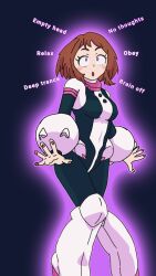  bodysuit boots brown_hair clothed drool female_only femsub m00n_key mantra my_hero_academia ochaco_uraraka open_mouth pink_eyes short_hair shrunken_irises simple_background solo standing tagme text 