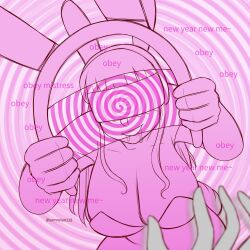  animal_ears blush breasts bunny_ears bunny_girl cleavage drool fake_animal_ears femdom hanging_breasts happy_trance huge_breasts hypnotized_hypnotist long_hair mantra monochrome new_years original pov pov_sub smile spiral spiral_background tech_control text visor yumiiart 