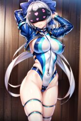 ai_art arms_above_head blush bow cameltoe corruption erect_nipples erect_nipples_under_clothes expressionless fate/grand_order fate_(series) female_only femsub garter glowing grey_hair heart large_breasts leotard ponytail seiha_(generator) solo standing sweat swimsuit tech_control thick_thighs tomoe_gozen_(fate/grand_order) visor