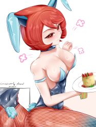  absurdres arezu_(pokemon) arm_bands ass before_and_after blush breasts bunny_ears bunny_girl bunnysuit cake choker cleavage clothed cuffs english_text femsub fishnets kelkcan large_breasts looking_at_viewer multiple_views nintendo pokemon red_eyes red_hair simple_background smile text tray white_background 