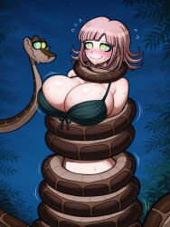 ai_art blush bra breasts chiaki_nanami coils dangan_ronpa femsub kaa kaa_eyes large_breasts night outdoors pink_hair smile snake sweat the_jungle_book