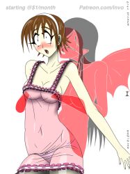 black_hair blush breasts brown_hair demon_girl female_only femdom femsub frills fusion headband intorsus_volo large_breasts long_hair monster_girl open_mouth original possession red_skin see-through short_hair  succubus yuri