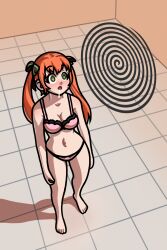 barefoot blush bra breasts dazed drool empty_eyes feet female_only femsub green_eyes hair_ribbon httpwwwcom long_hair navel open_mouth orange_hair panties ribbon simple_background solo spiral spiral_clicker standing tammy_(spiral_clicker) twintails underwear