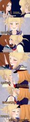  absurdres aware blonde_hair body_control brown_eyes camie_utsushimi closed_eyes clothed dialogue english_text female_only femdom himiko_toga kissing multiple_girls multiple_subs my_hero_academia ochaco_uraraka orange_hair scared short_hair text yuri zenin1 
