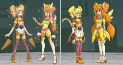 armor blonde_hair cure_sparkle cure_twinkle empty_eyes femsub go!_princess_precure green_eyes healin&#039;_good_precure high_heels hinata_hiramitsu kirara_amanogawa long_hair mask mythkaz orange_hair precure purple_eyes standing standing_at_attention tagme tech_control