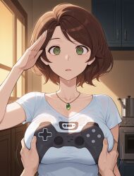 ai_art big_hero_6 breast_grab brown_hair cass_hamada clothed disney drool femsub large_breasts milf rule_of_thetra_(generator) saluting spiral_eyes stable_diffusion_(ai) t-shirt