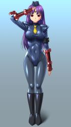 arm_bands athena_asamiya blue_background boots bracers capcom earrings empty_eyes expressionless female_only femsub fingerless_gloves gloves gradient_background hat ji_yuuyuu king_of_fighters leotard long_hair microchip panties purple_hair red_eyes saluting shoulder_pads simple_background solo standing standing_at_attention street_fighter tech_control tie