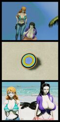  3d animated animated_eyes_only animated_gif beach black_hair kaa_eyes large_breasts long_hair nami_(one_piece) nico_robin one_piece orange_hair sunglasses swimsuit text 