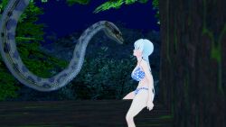 3d bikini blue_eyes breasts cleavage confused disney kaa kaa_eyes large_breasts leaning_forward leopard_print lipstick long_hair makeup mmd mrkoiru open_mouth outdoors pale_skin ponytail rwby silver_hair sitting snake the_jungle_book trees weiss_schnee