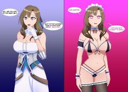  before_and_after blue_eyes breasts brown_hair cleavage do_you_love_your_mom_and_her_two_hit_multitarget_attacks female_only femsub gloves glowing_eyes huge_breasts lingerie looking_at_viewer maid maid_headdress mamako_osuki milf navel panties pink_eyes simple_background soex tagme thighhighs 