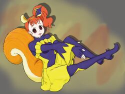  1girl animal_ears bad_end_precure bodysuit corruption cure_custard elly_snail empty_eyes himari_arisugawa kirakira_precure_a_la_mode latex open_mouth orange_hair precure side_ponytail sitting small_breasts smile_precure! solo spiral_eyes squirrel_girl squirrel_tail 