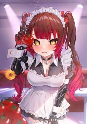  apron bangs blush breasts brown_hair bu_leike choker cleavage coin cuffs female_only femsub food frills hololive large_breasts leaning_forward looking_at_viewer maid maid_headdress mechanical_arm multicolored_hair open_mouth pendulum red_hair roboco solo spiral_eyes straight-cut_bangs symbol_in_eyes tears thighhighs twintails unhappy_trance virtual_youtuber yellow_eyes 