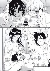 ass blush censored dialogue eitarou empty_eyes femsub fumino_furuhashi glasses happy_trance long_hair maledom malesub monochrome nipples nude ogata_rizu short_hair takemoto_uruka tan_lines text we_never_learn yuiga_nariyuki