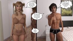  3d abs ally_rivers ass barefoot black_hair blonde_hair bra cell_phone cleavage collarbone comic expressionless femsub hexxet lingerie navel netorare phone short_hair text the_gift underwear 