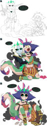  absurdres black_sclera breasts comic control_indicator defeated dez_a_sketch dezzy dialogue english_text eye_color_change femsub green_eyes grey_hair king league_of_legends maledom masturbation midriff multicolored_hair neeko_(league_of_legends) pink_hair possession purple_hair pussy pussy_juice royalty ruination simple_background smile speech_bubble sword tail text viego_(league_of_legends) weapon white_background 