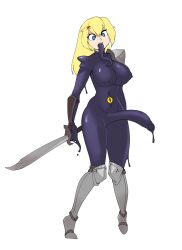  armor aware blonde_hair blue_eyes body_control bodysuit breasts dungeons_and_dragons faetomi futanari futasub goo_futa knight latex long_penis long_tongue possession simple_background slime sword tongue_out unhappy_trance weapon white_background 