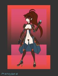  absurdres anna_(daehy) armor bikini_armor boots breasts brown_hair collar enemy_conversion female_only gauntlets gloves happy_trance high_heels hypnotic_accessory lab_coat mannybot-01 mask original ponytail solo tech_control thigh_boots thighhighs thighs visor 