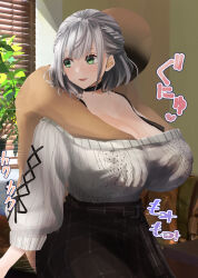  absurdres altered_common_sense bald bare_shoulders belted_skirt blush breast_grab breasts choker cleavage comet_(artist) erect_nipples faceless femsub green_eyes happy_trance hololive huge_breasts looking_back maledom noel_shirogane open_mouth see-through short_hair skirt smile standing sweater unaware virtual_youtuber white_hair 