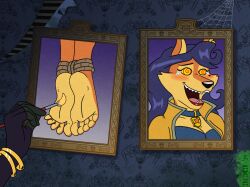 blue_hair bondage carmelita_fox feet femsub foot_focus fox_girl halloween irkingir laughing lipstick long_hair rope sly_cooper_(series) spiral_eyes tears tickling trapped