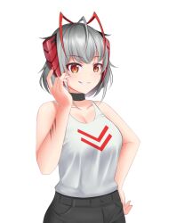  arknights bare_shoulders breasts clothed grey_hair horns large_breasts maozi_dan red_eyes short_hair smile tank_top w_(arknights) 