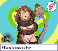  aged_up bandana bra brown_hair coils comic dazed disney gameplay_mechanics kaa kaa_eyes may_(pokemon) nintendo panties pokemon renaissanceofchaos short_hair snake speech_bubble spiral_background text the_jungle_book watermark 