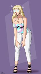  aurora_(jabberwocky) bare_shoulders blonde_hair breasts cleavage dazed female_only femsub fortnite hypnot-eyes large_breasts leaning_forward long_hair necklace original pants polmanning sandals simple_background slouching solo tank_top 