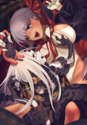 abigail_williams alternate_costume alternate_hair_color angry arms_above_head bare_legs bare_shoulders bb_(fate/extra_ccc) breast_grab cleavage corruption dark_skin fate/extra_ccc fate/grand_order fate_(series) femsub gloves glowing glowing_eyes groping happy_trance kaita_(mokamilkcup) legs leotard long_hair nyarlathotep open_mouth possession purple_eyes purple_hair red_eyes restrained sharp_teeth smile spiral sub_on_sub swimsuit tentacles thighs unhappy_trance white_hair white_skin yog-sothoth yuri